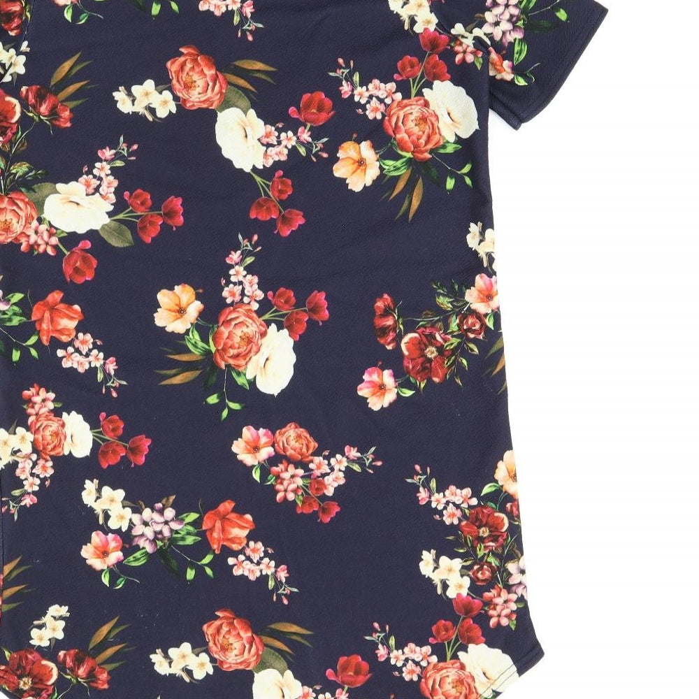 Boohoo Womens Blue Floral Polyester Shift Size 8 Round Neck Pullover