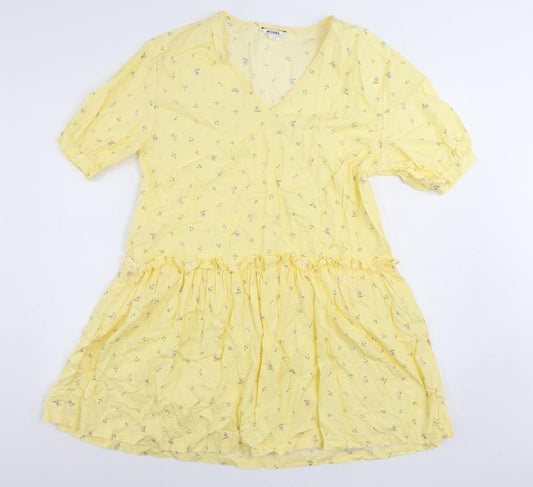 Monki Womens Yellow Floral Cotton A-Line Size S V-Neck Pullover