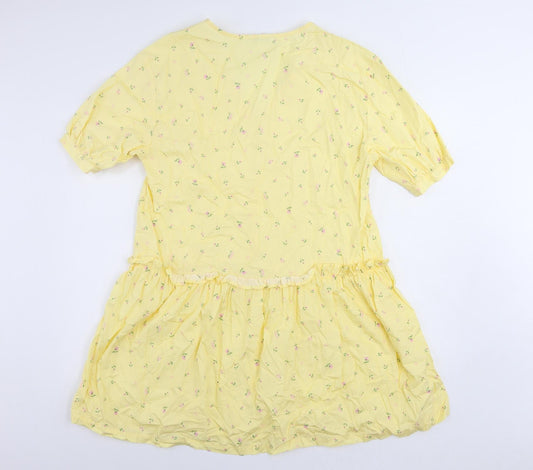 Monki Womens Yellow Floral Cotton A-Line Size S V-Neck Pullover