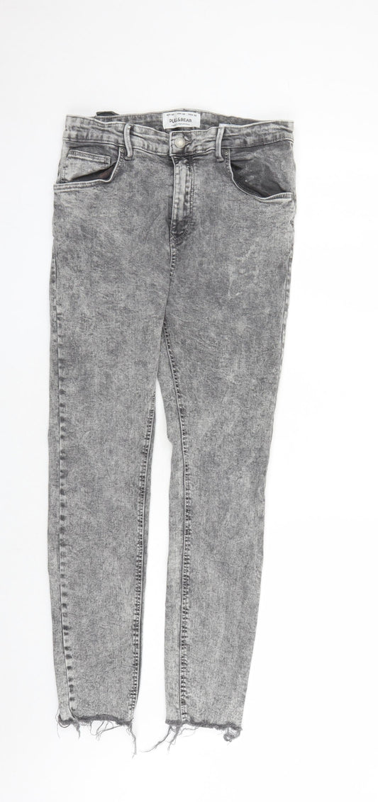 Pull&Bear Womens Grey Cotton Straight Jeans Size 14 L26 in Regular Zip - Raw Hems Pockets