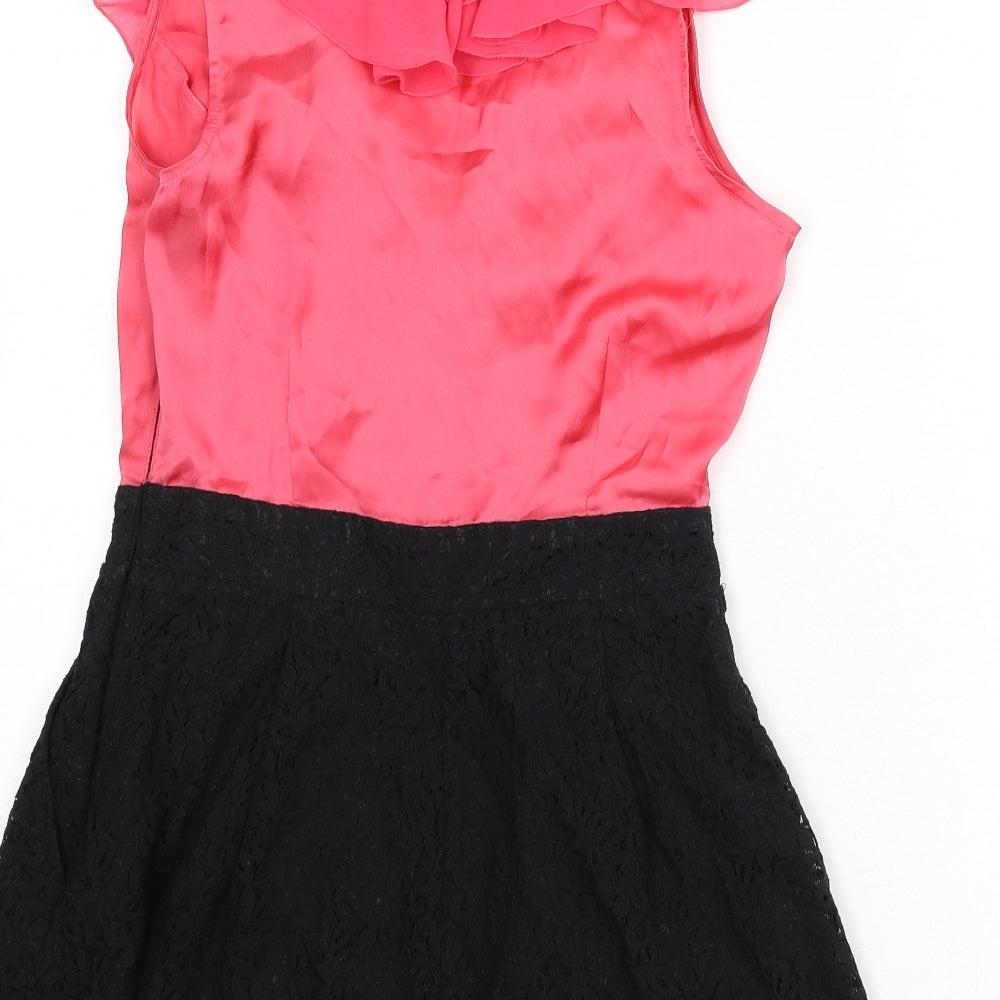 Lipsy Womens Pink Polyester Romper One-Piece Size 10 Zip - Ruffle Detail, Lace Detail