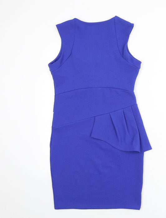 Lipsy Womens Blue Polyester Pencil Dress Size 10 Scoop Neck Pullover - Ruffle Detail