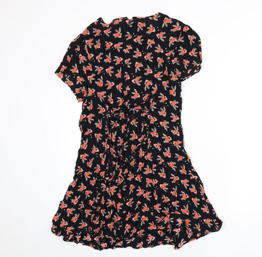 Henry Holland Womens Black Geometric Viscose A-Line Size 12 Collared Zip - Goldfish Print, Lace Up Back