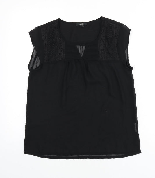 Additional front view of Mexx women’s black polyester basic blouse, round neck - embroidered detail, keyhole cutout