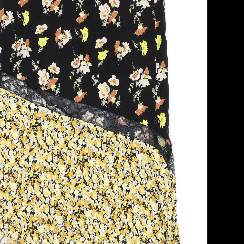Brand and care label for ASOS women’s multicoloured floral viscose a-line skirt, size UK 6, zip - asymmetric, lace detail