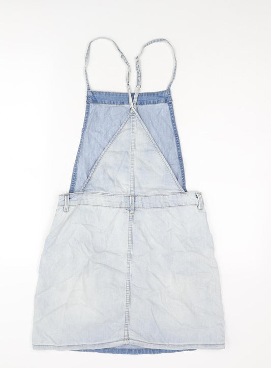New Look Womens Blue Cotton Pinafore/Dungaree Dress Size 10 Scoop Neck Button