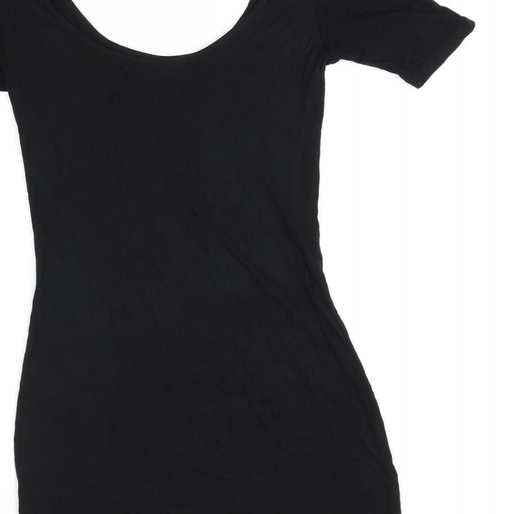 Brand and care label for ASOS women’s black viscose bodycon, size UK 8, scoop neck pullover