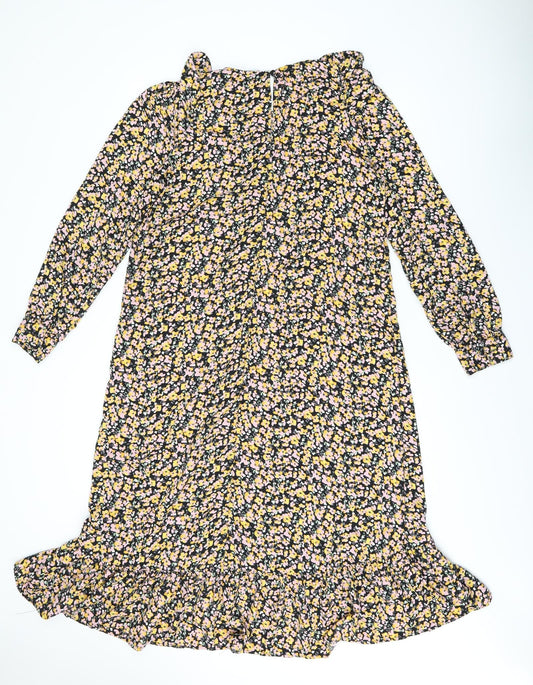 Dorothy Perkins Womens Black Floral Polyester Shift Size 14 Round Neck Button - Frill Detail