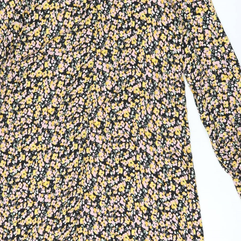 Dorothy Perkins Womens Black Floral Polyester Shift Size 14 Round Neck Button - Frill Detail