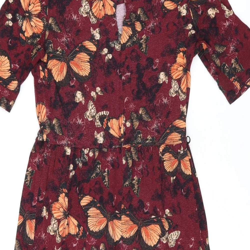 NEXT Womens Red Geometric Viscose A-Line Size 10 Boat Neck Button