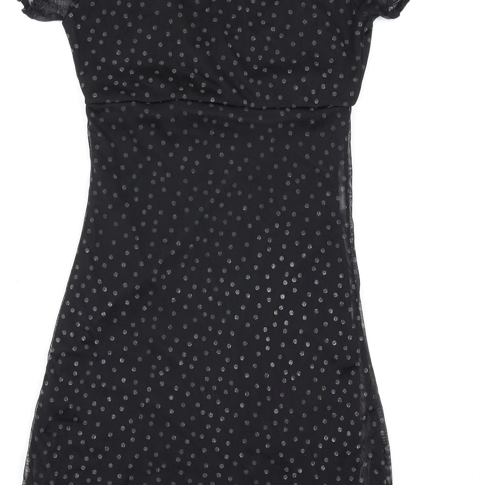 PRETTYLITTLETHING Womens Black Polka Dot Polyester Bodycon Size 4 V-Neck Pullover
