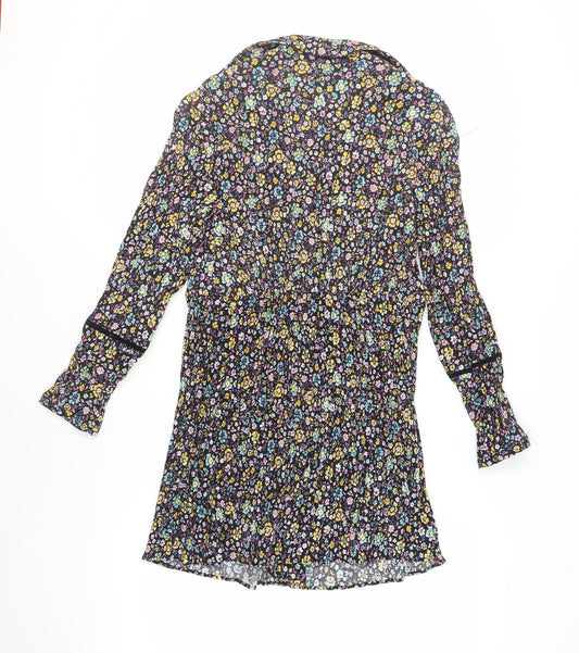 Zara Womens Black Floral Polyester A-Line Size M V-Neck Button