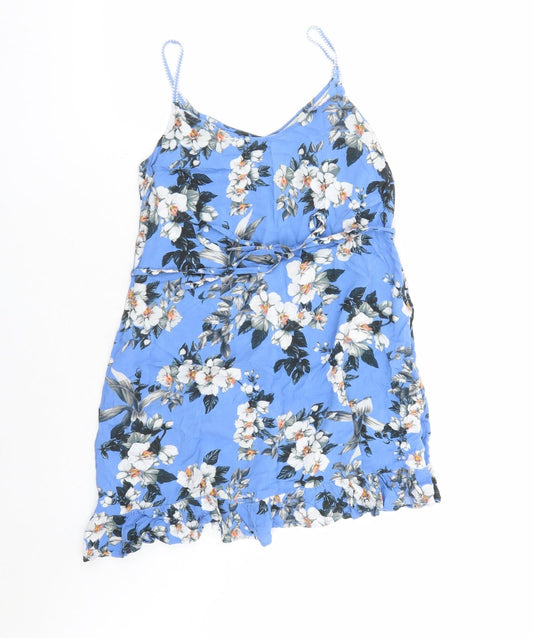 Oasis Womens Blue Floral Viscose Slip Dress Size XS V-Neck Pullover - Belted