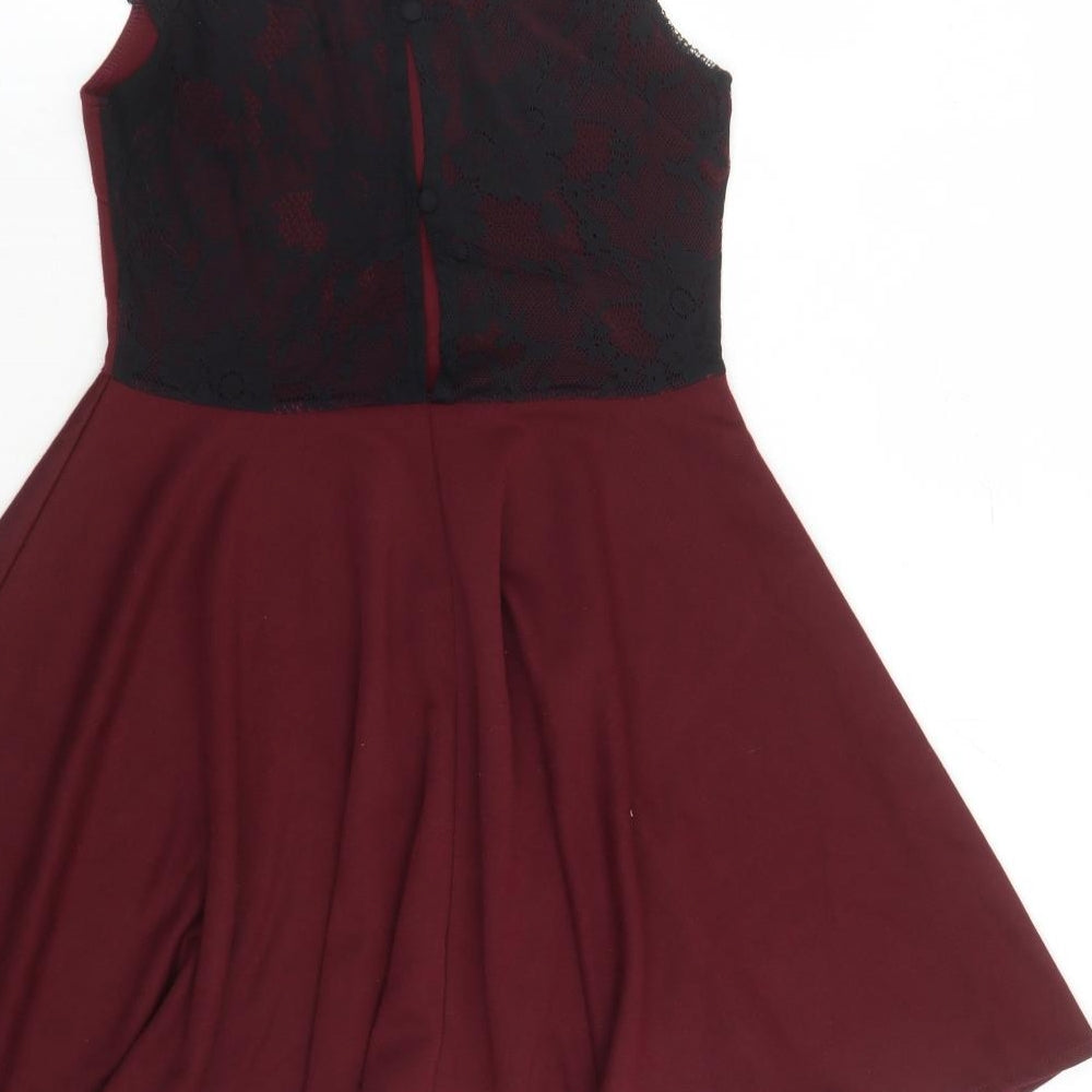 Club L Womens Red Polyester Skater Dress Size 10 Round Neck Button