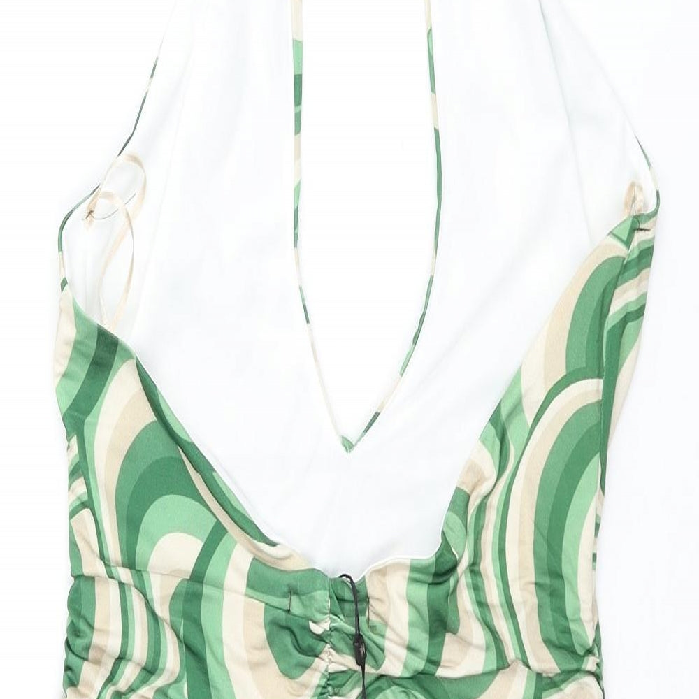 Pink Vanilla Womens Green Geometric Polyester Bodycon Size 10 Halter Pullover - Rouched