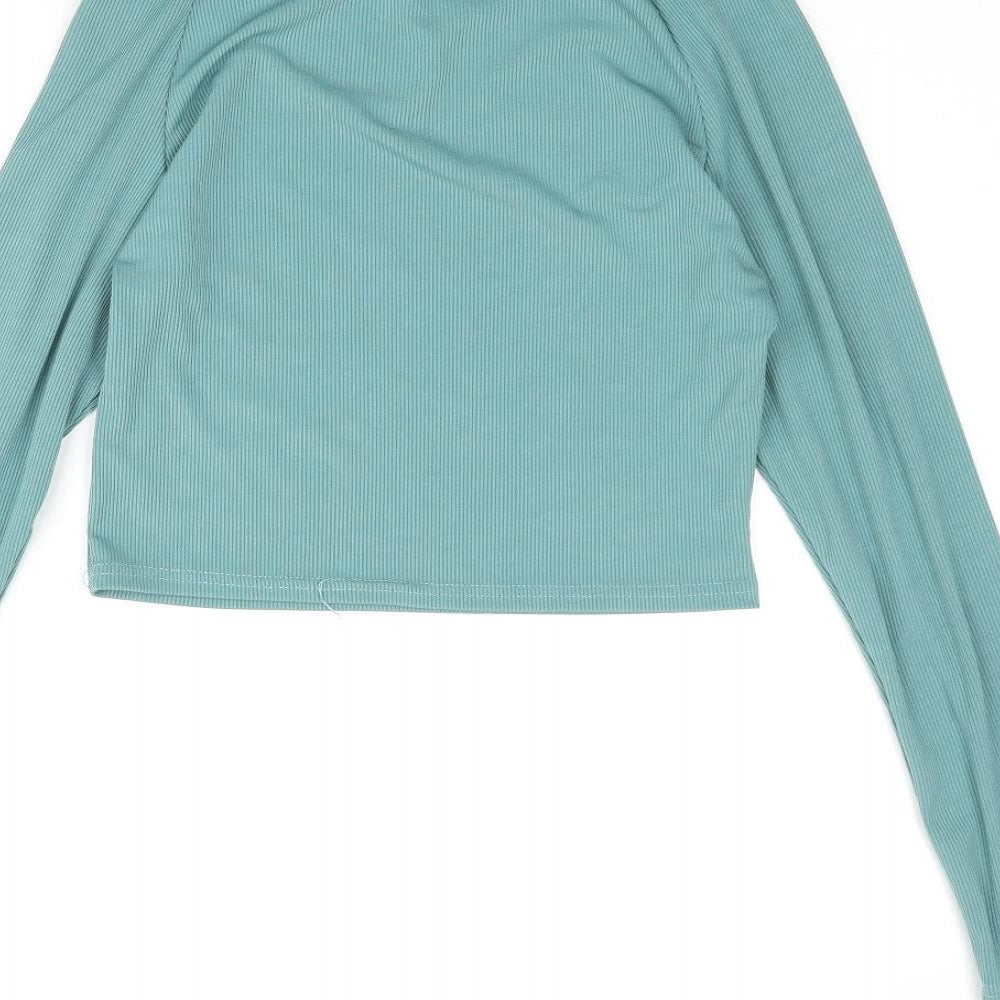 Amy & Clo Womens Green Polyester Cropped Blouse Size M Round Neck - Cut Out Detail Size M-L