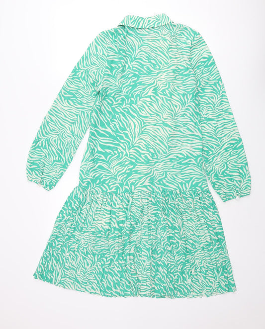 Marks and Spencer Womens Green Animal Print Polyester Shirt Dress Size 6 Collared Button - Pleated Zebra Print