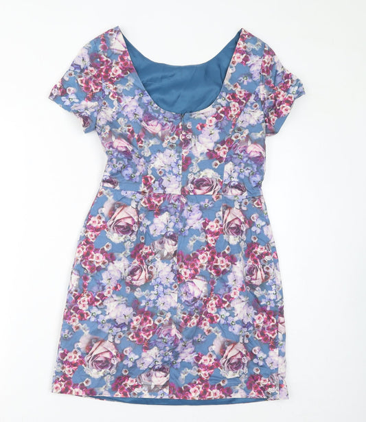 Oasis Womens Blue Floral Cotton Pencil Dress Size 10 Round Neck Zip