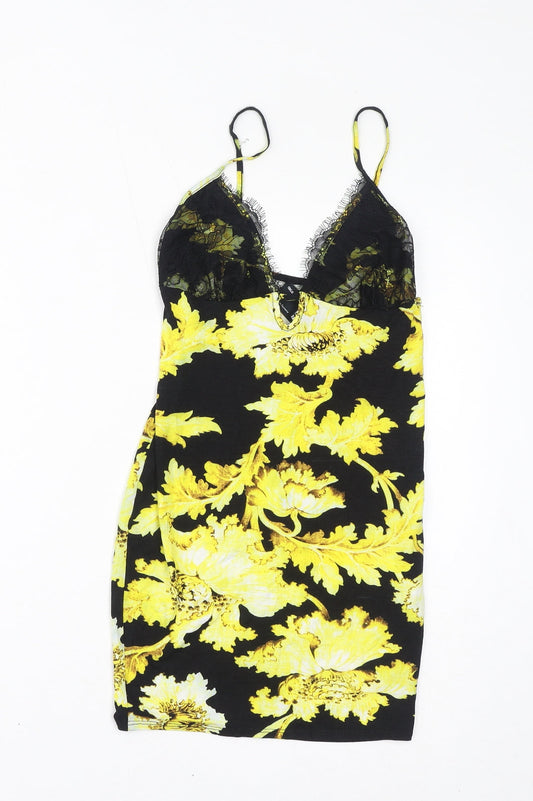 ASOS Womens Black Floral Viscose Bodycon Size 6 V-Neck Pullover - Lace