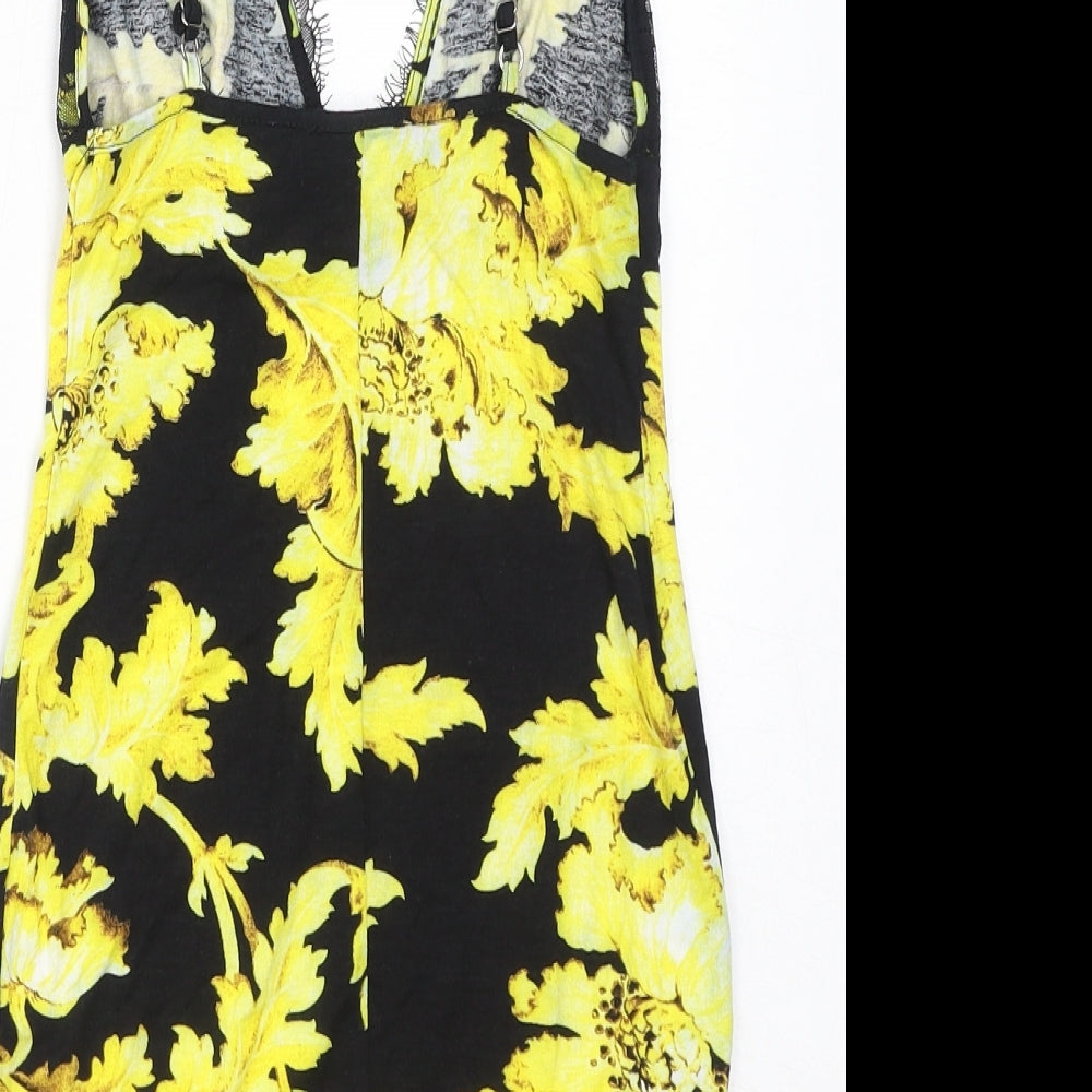 Brand and care label for ASOS women’s black floral viscose bodycon, size UK 6, v-neck pullover - lace