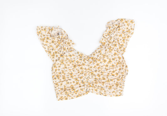 Boohoo Womens Ivory Floral Polyester Cropped T-Shirt Size 10 Off the Shoulder