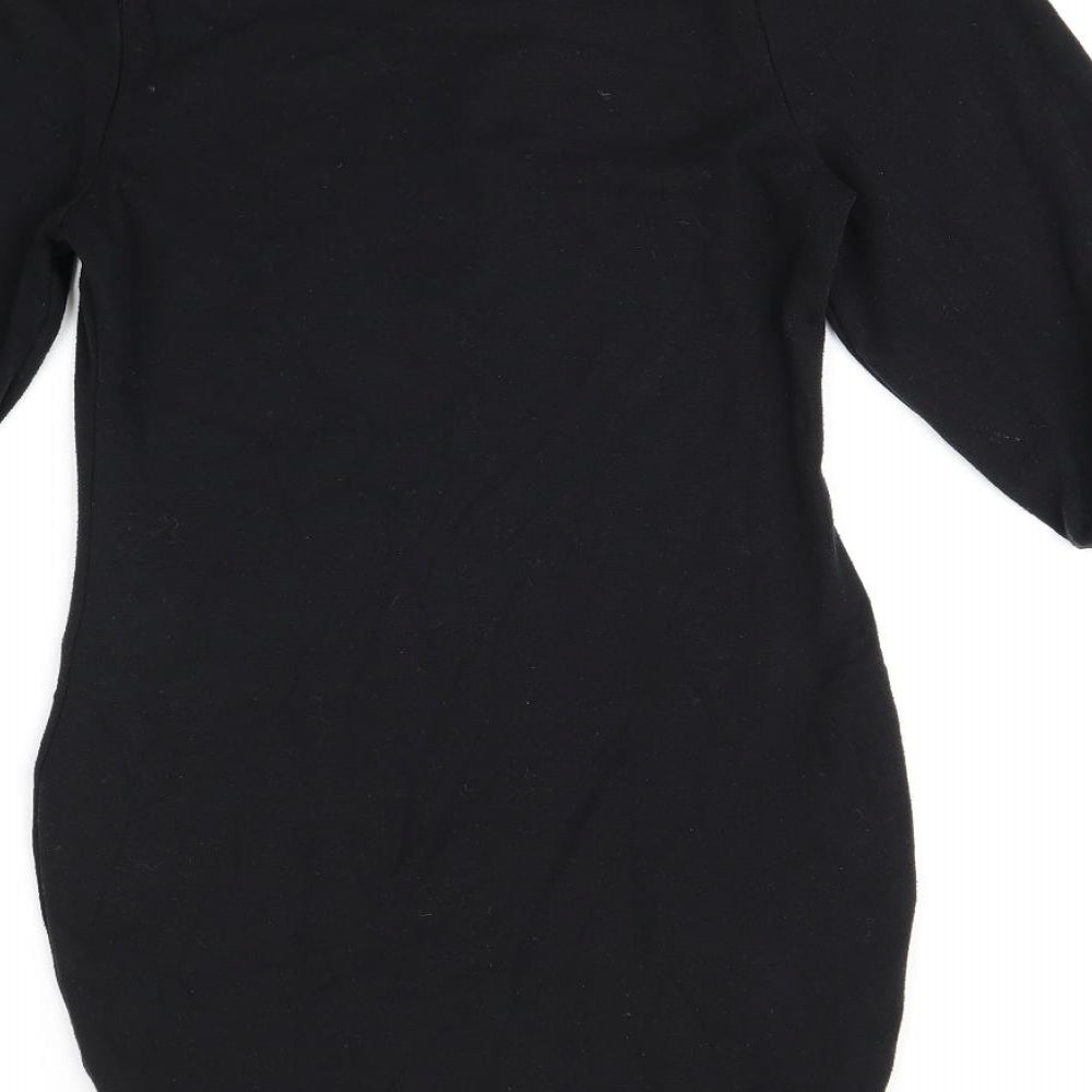 Brand and care label for ASOS women’s black polyester bodycon, size UK 8, round neck pullover