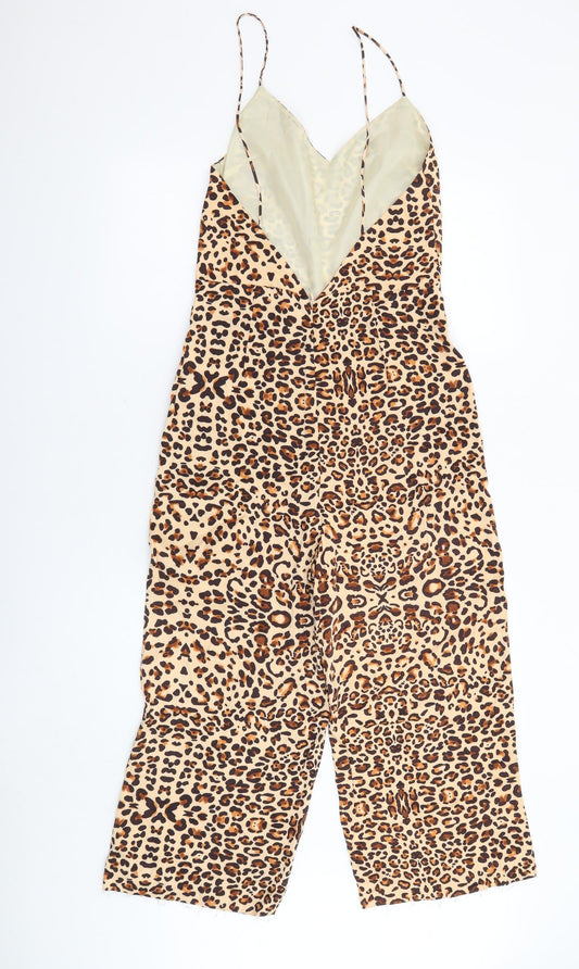Topshop Womens Beige Animal Print Viscose Jumpsuit One-Piece Size 8 L21 in Zip - Leopard Print