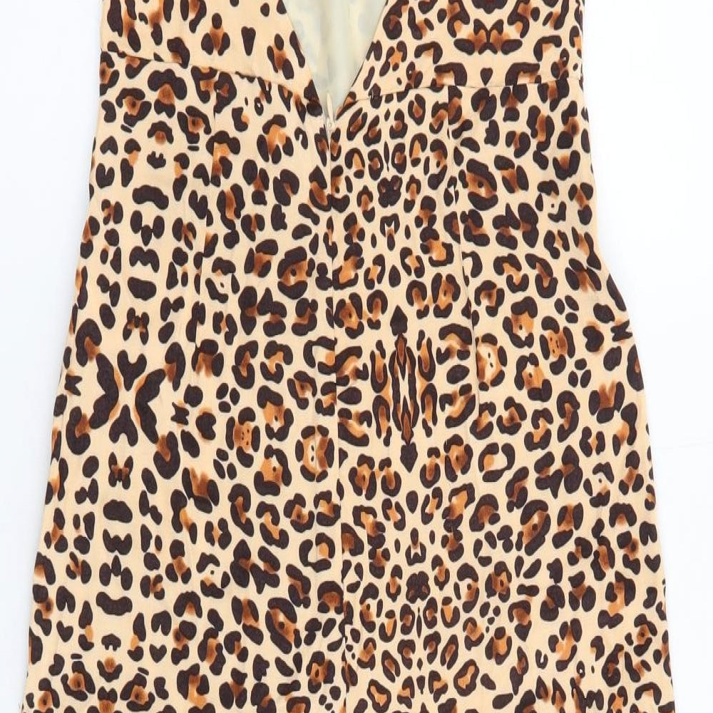 Topshop Womens Beige Animal Print Viscose Jumpsuit One-Piece Size 8 L21 in Zip - Leopard Print