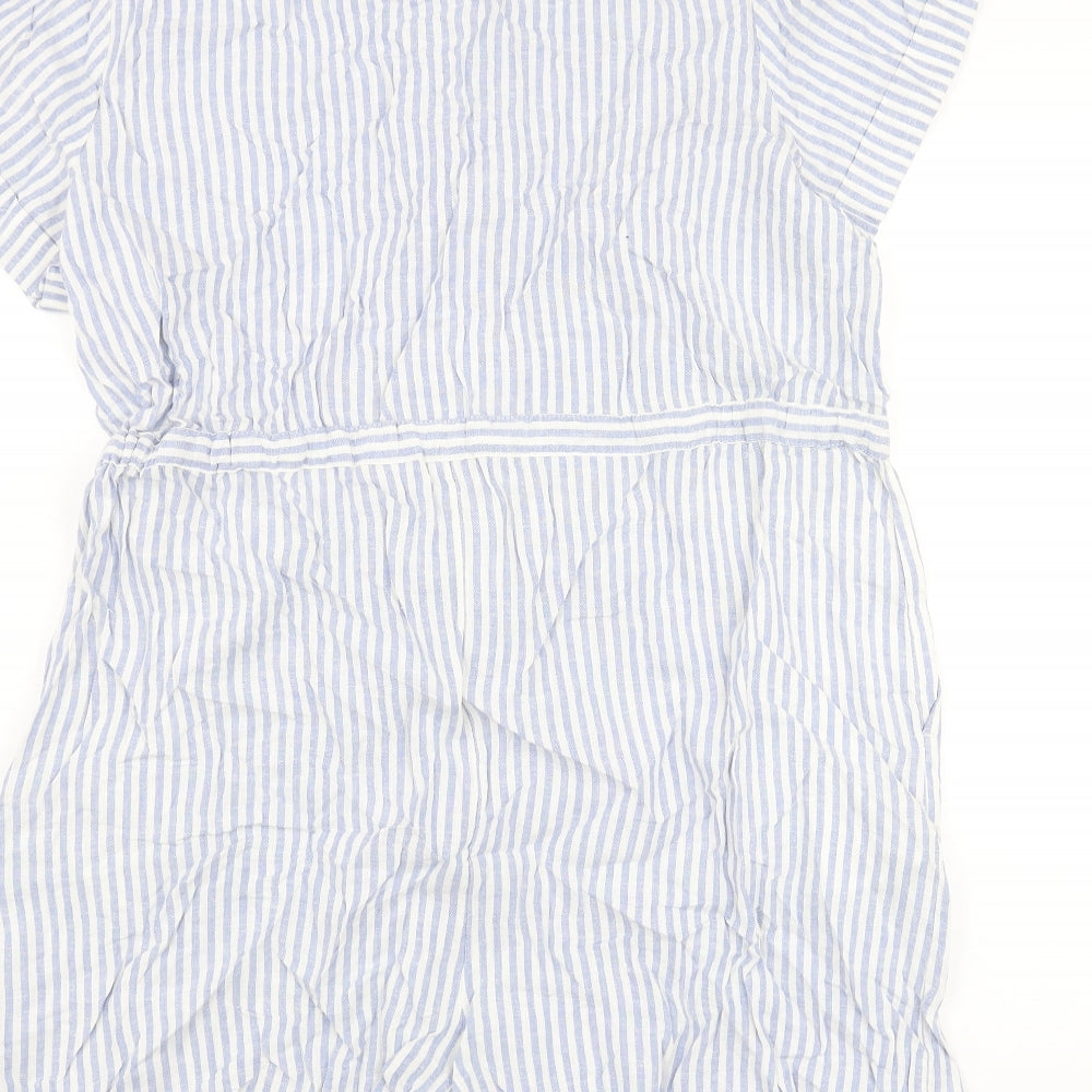 Marks and Spencer Womens Blue Striped Linen Romper One-Piece Size 16 L3 in Button - Drawstring Waist
