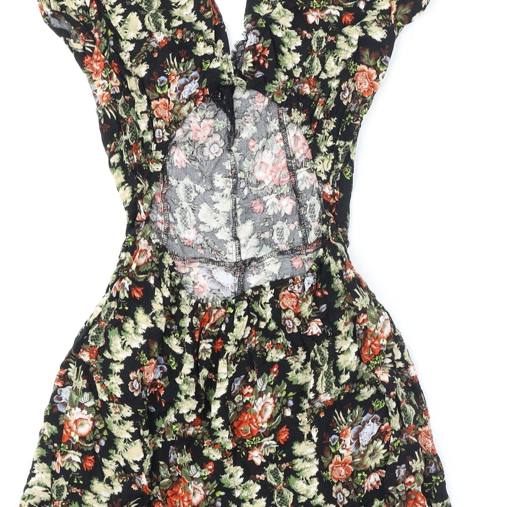 Miss Selfridge Womens Black Floral Viscose Romper One-Piece Size 10 Button - Lace Trim, Cut Out Back