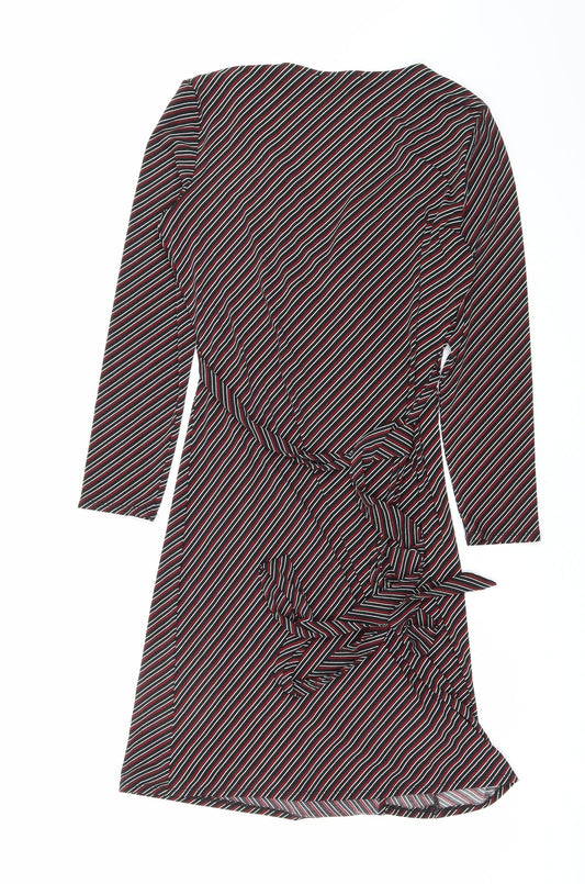 Mango Womens Black Striped Polyester Wrap Dress Size M V-Neck Tie