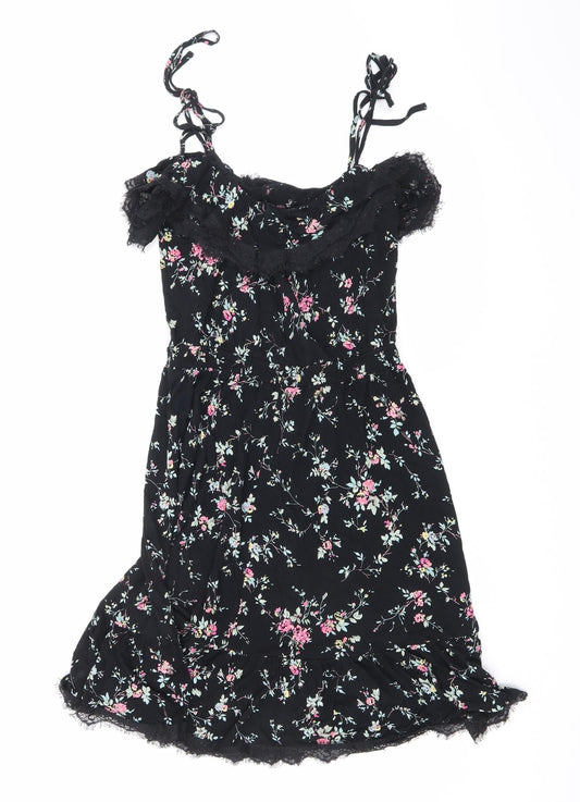 Oasis Womens Black Floral Viscose Mini Size M V-Neck Pullover