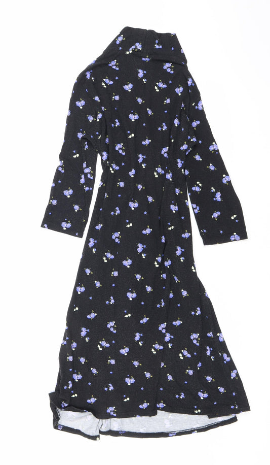 Dorothy Perkins Womens Black Floral Viscose A-Line Size 10 V-Neck Tie