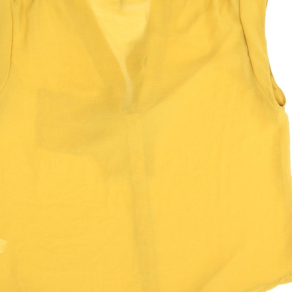 Brand and care label for E-vie women’s yellow polyester basic blouse, size UK 14, v-neck