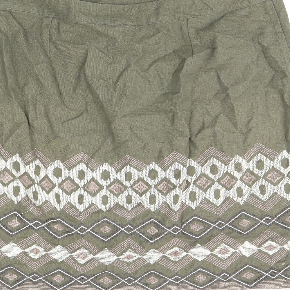 Monsoon Womens Green Geometric Cotton A-Line Skirt Size 14 Zip