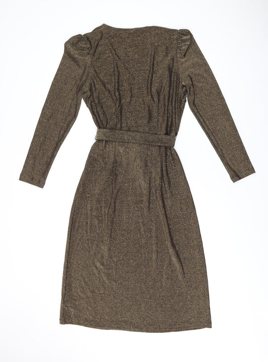 Marks and Spencer Womens Gold Polyamide A-Line Size 10 V-Neck Pullover - Belted