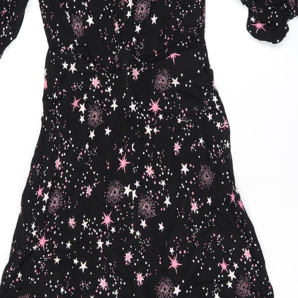 Marks and Spencer Womens Black Geometric Viscose A-Line Size 8 Round Neck Zip