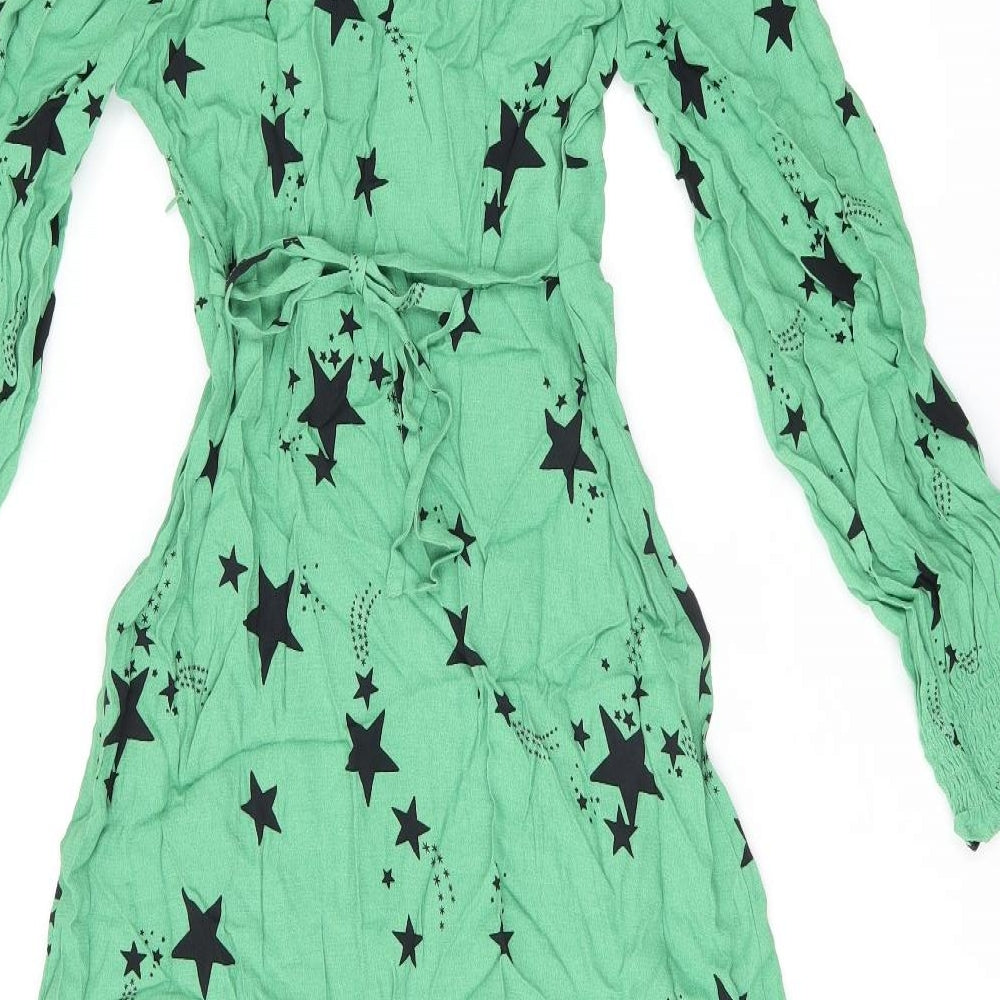 Marks and Spencer Womens Green Geometric Viscose A-Line Size 6 V-Neck Zip - Star Print