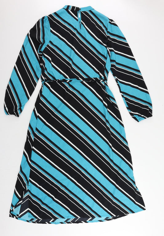 Marks and Spencer Womens Blue Striped Polyester A-Line Size 10 Mock Neck Button
