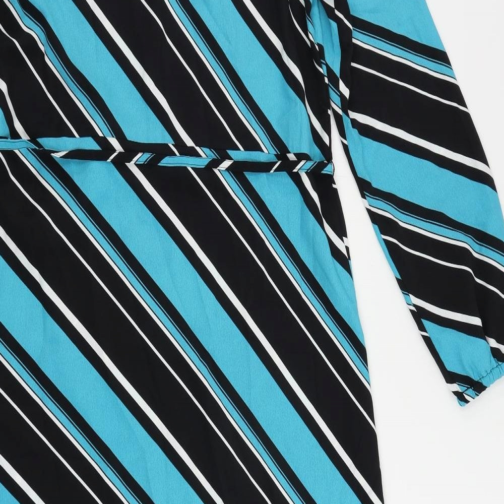 Marks and Spencer Womens Blue Striped Polyester A-Line Size 10 Mock Neck Button
