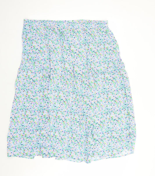 Marks and Spencer Womens Blue Floral Viscose Swing Skirt Size 20 - Elasticated Waist Side Split Detail