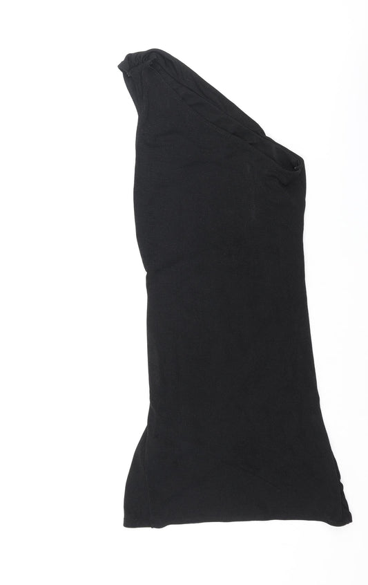 PRETTYLITTLETHING Womens Black Polyester Bodycon Size 8 One Shoulder Pullover - Rouched