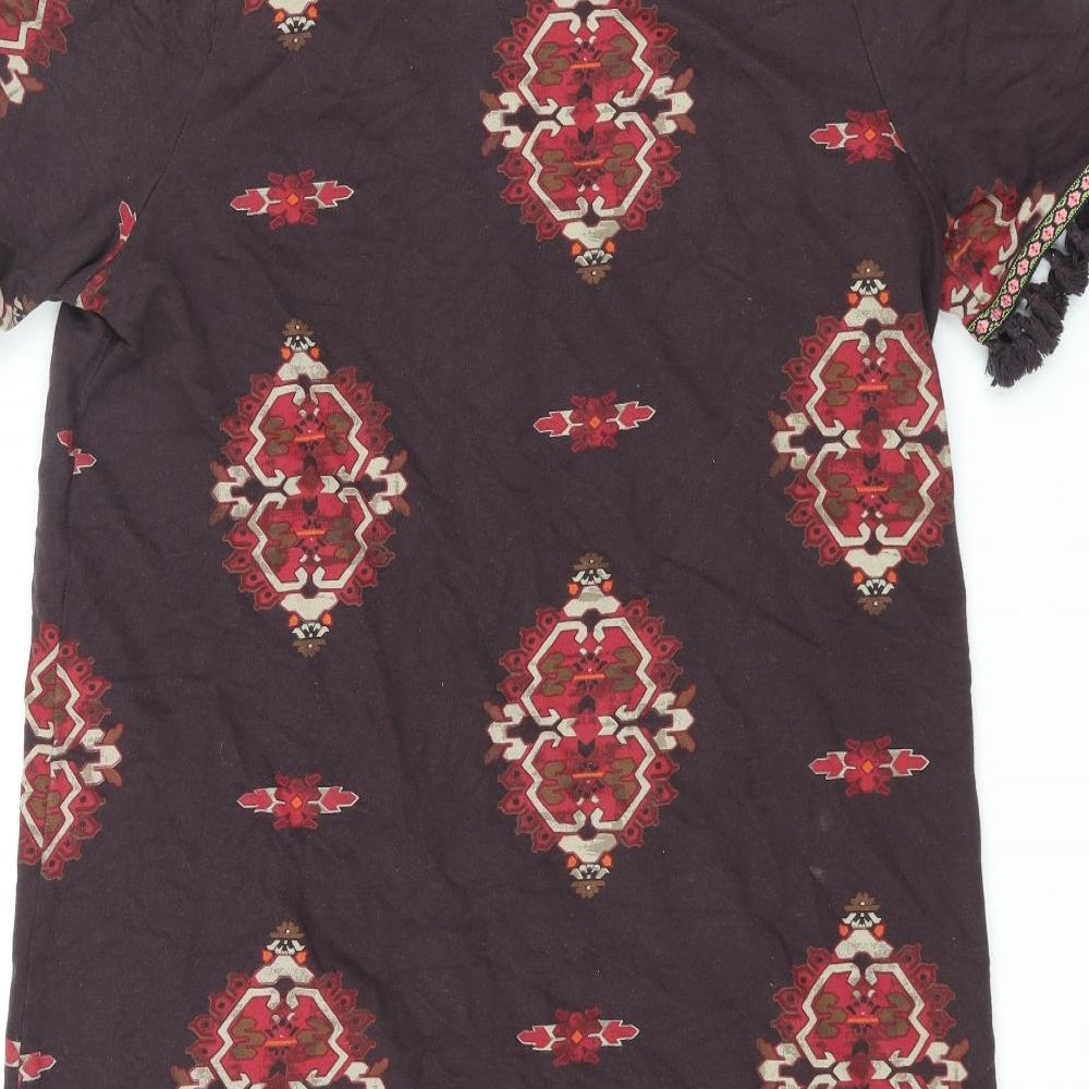 NEXT Womens Brown Geometric Cotton Shift Size 16 V-Neck Pullover - Tassle