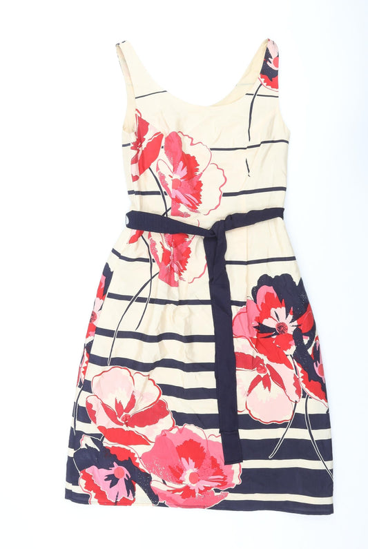 Additional front view of Kaliko women’s multicoloured floral polyester a-line, size S, scoop neck zip - belted striped