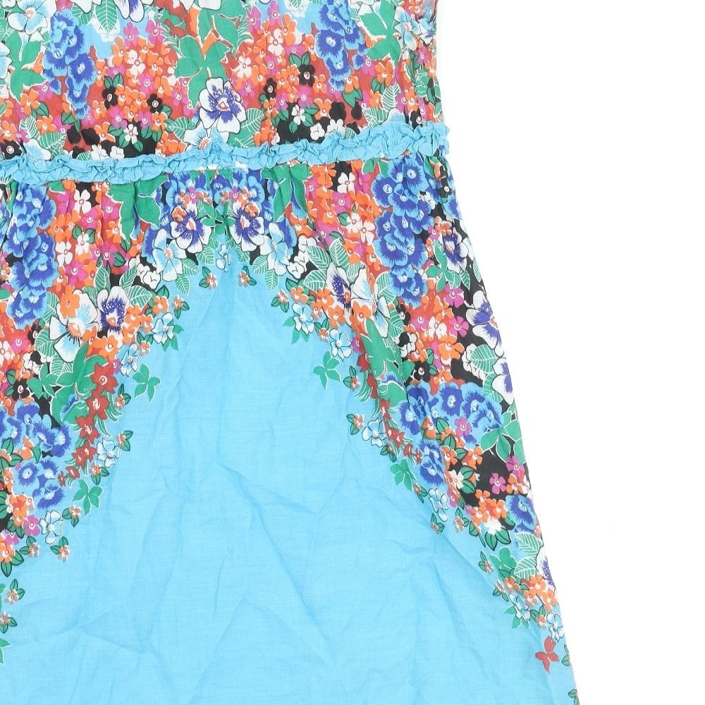 Oasis Womens Blue Cotton A-Line Size 10 V-Neck Pullover - Floral Print Frill Bow