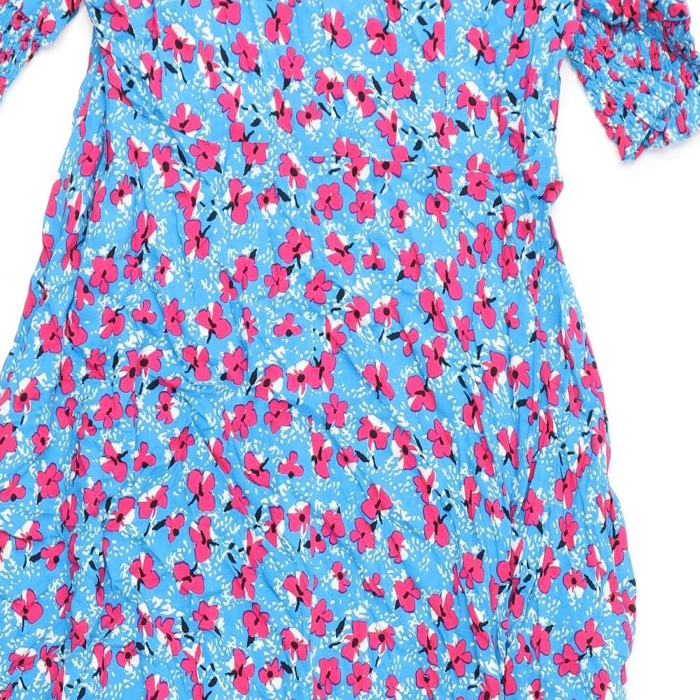 Finery Womens Blue Floral Viscose A-Line Size 12 V-Neck Zip