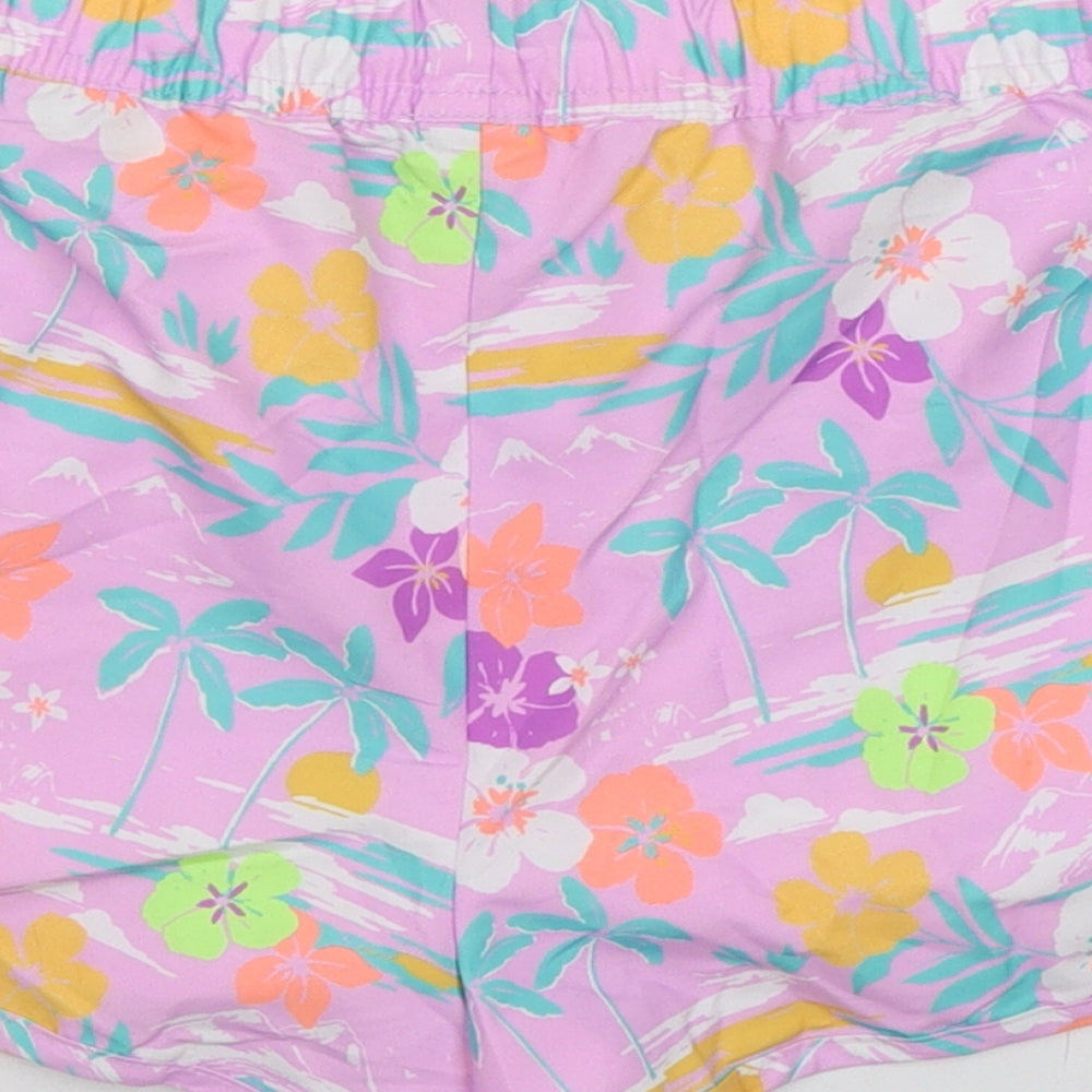Marks and Spencer Girls Purple Floral 100% Polyester Bermuda Shorts Size 12-13 Years Regular Drawstring - Inside Leg 1.5in
