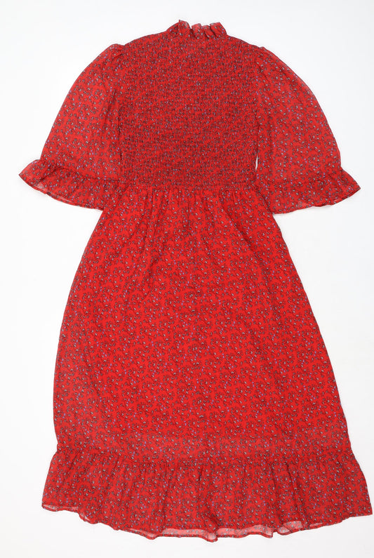 Finery Womens Red Floral Polyester A-Line Size 8 Mock Neck - Smocked