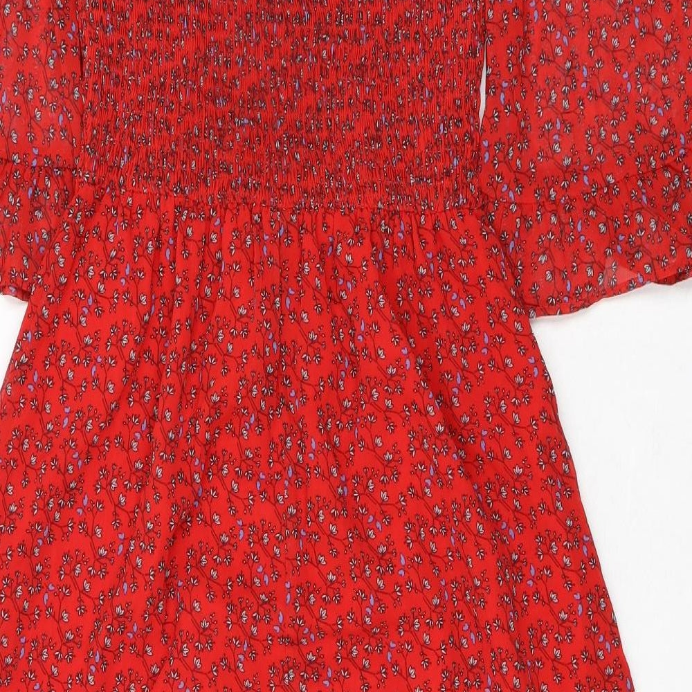 Finery Womens Red Floral Polyester A-Line Size 8 Mock Neck - Smocked