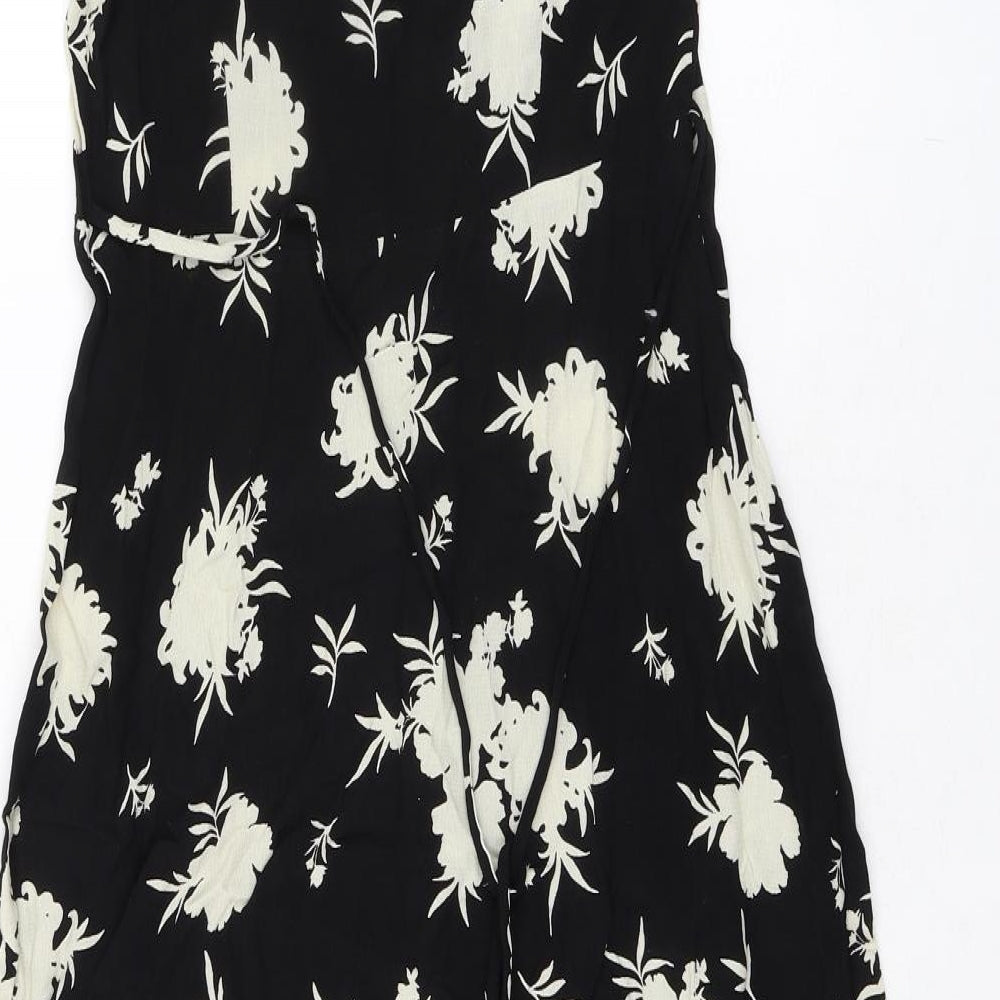 Marks and Spencer Womens Black Floral Viscose A-Line Size 6 V-Neck Button